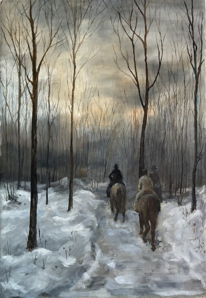 Cavaliers dans la neige, une oeuvre de Bee Pellerin.
